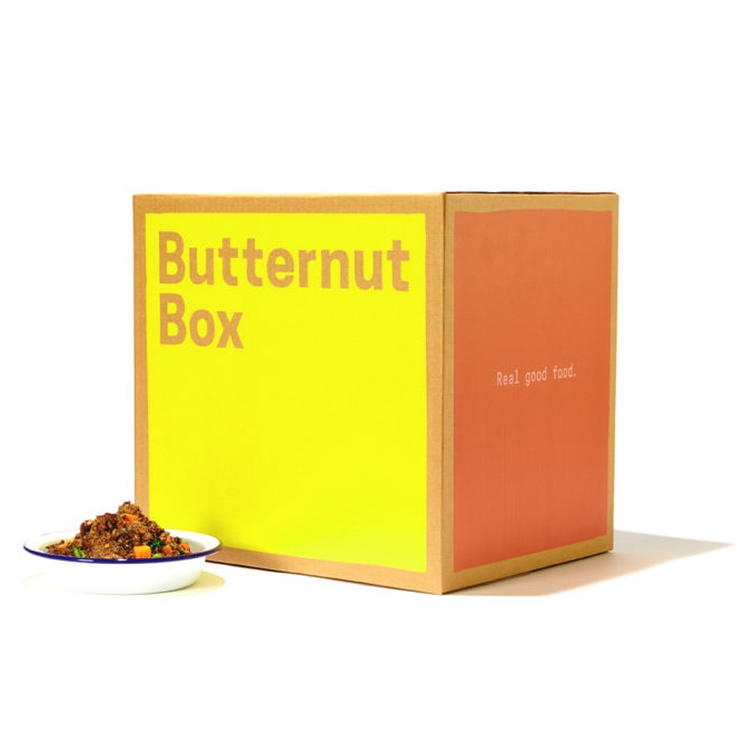 A Butternut Box delivery and a bowl of fresh dog food